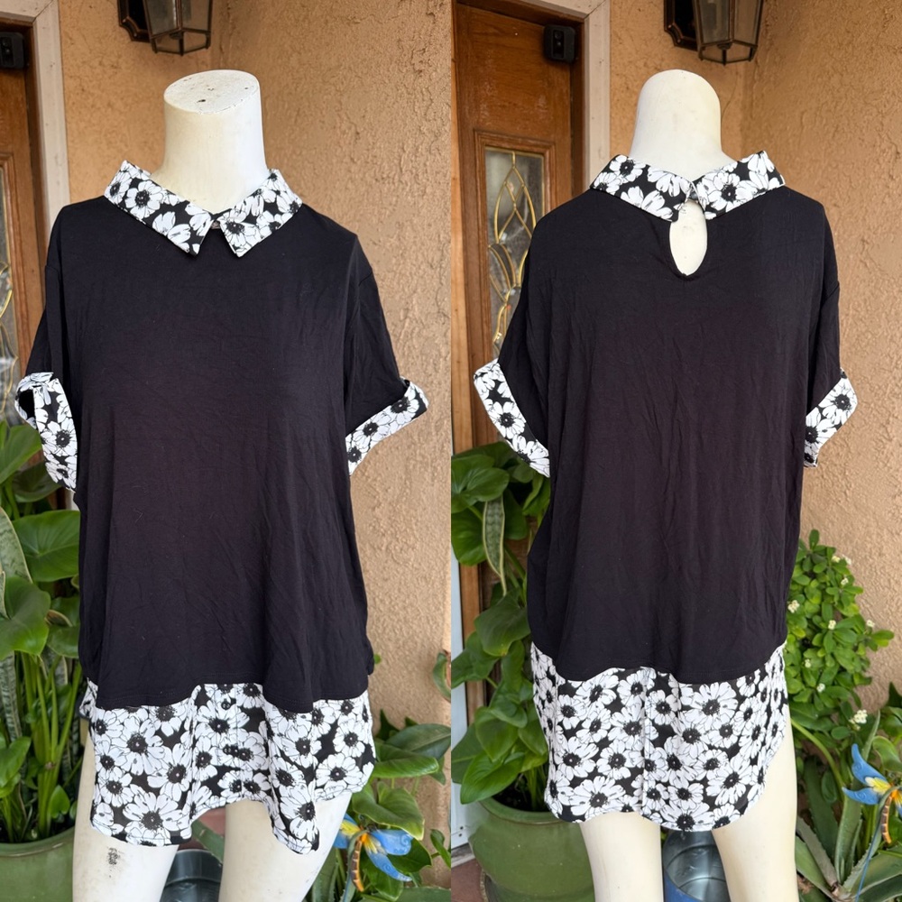 ELLE Mock Layer Top with White Floral Collar & Hem (XL)